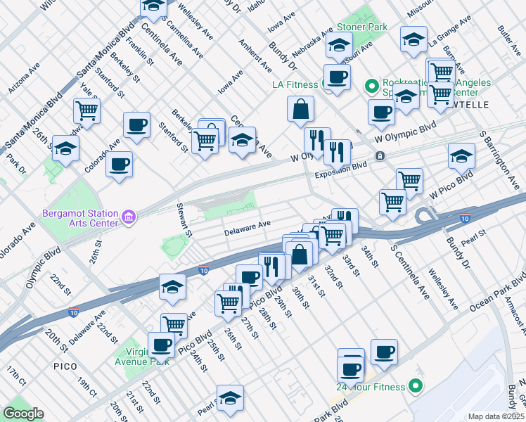 map of restaurants, bars, coffee shops, grocery stores, and more near 3024 Exposition Boulevard in Santa Monica