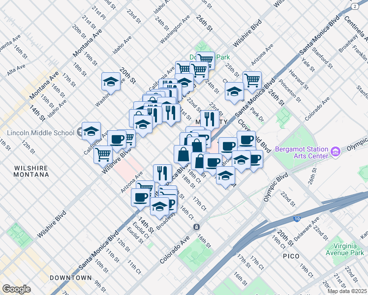 map of restaurants, bars, coffee shops, grocery stores, and more near 1311 19th Street in Santa Monica