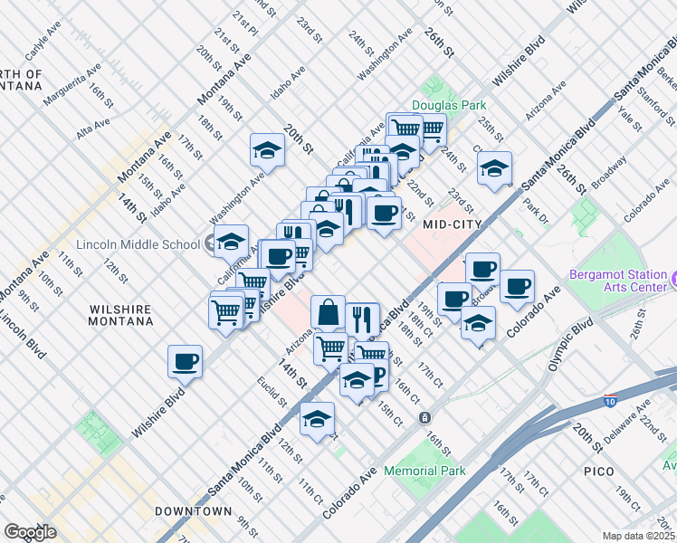 map of restaurants, bars, coffee shops, grocery stores, and more near 1714 Wilshire Boulevard in Santa Monica