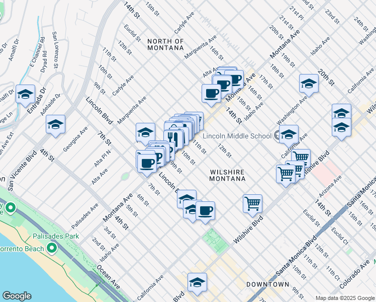 map of restaurants, bars, coffee shops, grocery stores, and more near 815 10th Street in Santa Monica