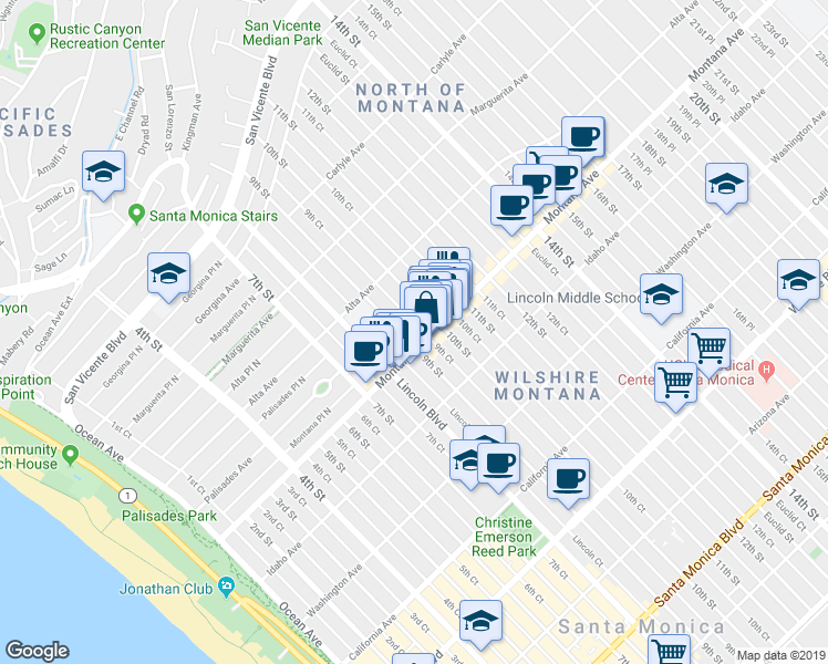 map of restaurants, bars, coffee shops, grocery stores, and more near 729 9th Street in Santa Monica