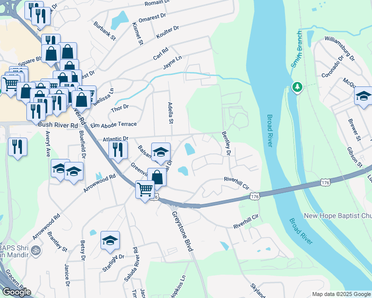map of restaurants, bars, coffee shops, grocery stores, and more near 1728 Canal Drive in Columbia
