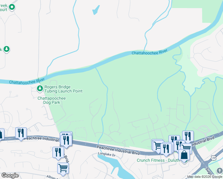 map of restaurants, bars, coffee shops, grocery stores, and more near 4080 Balleycastle Lane in Duluth