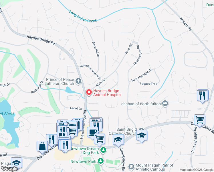 map of restaurants, bars, coffee shops, grocery stores, and more near 125 Forrest View Terrace in Alpharetta