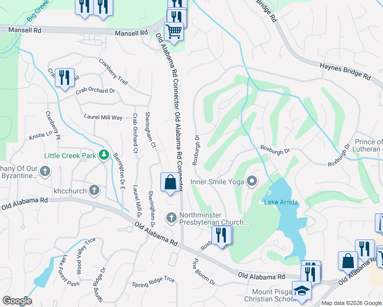 map of restaurants, bars, coffee shops, grocery stores, and more near 2405 Roxburgh Drive in Roswell