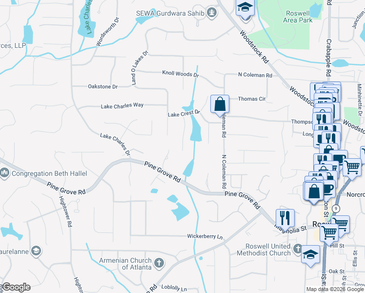 map of restaurants, bars, coffee shops, grocery stores, and more near 1115 Lake Drive in Roswell