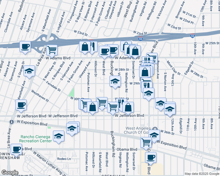 map of restaurants, bars, coffee shops, grocery stores, and more near 2915 Buckingham Road in Los Angeles