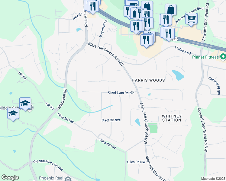 map of restaurants, bars, coffee shops, grocery stores, and more near 4748 Cheri Lynn Road Northwest in Acworth