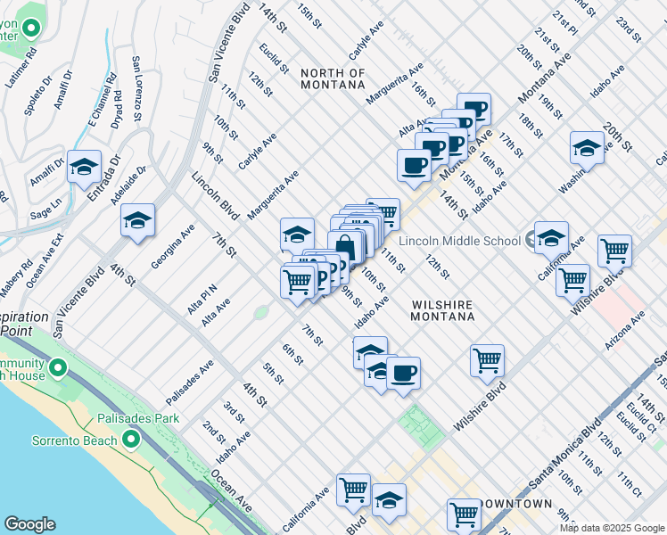 map of restaurants, bars, coffee shops, grocery stores, and more near 729 9th Street in Santa Monica