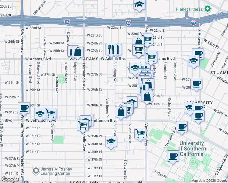map of restaurants, bars, coffee shops, grocery stores, and more near 1550 West 29th Street in Los Angeles