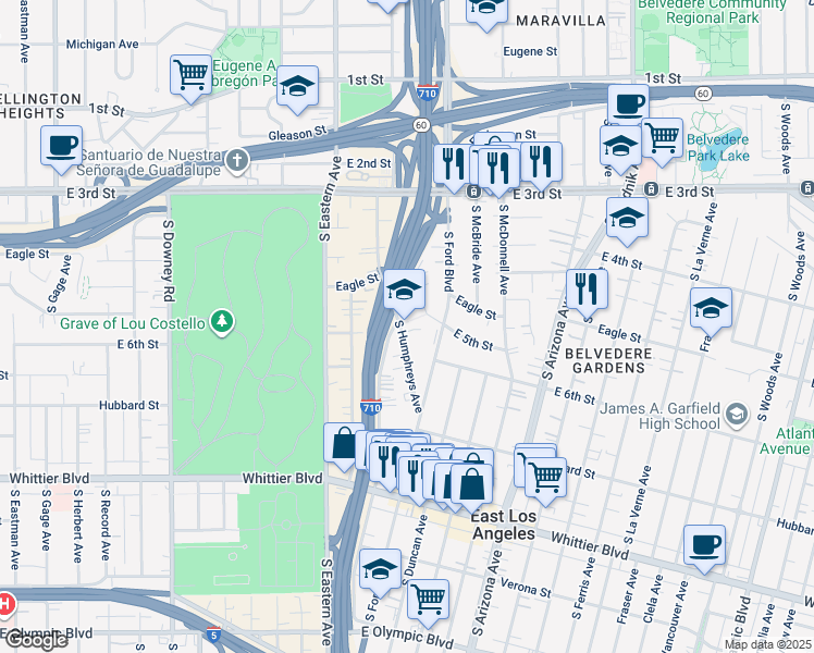map of restaurants, bars, coffee shops, grocery stores, and more near 500 South Humphreys Avenue in Los Angeles