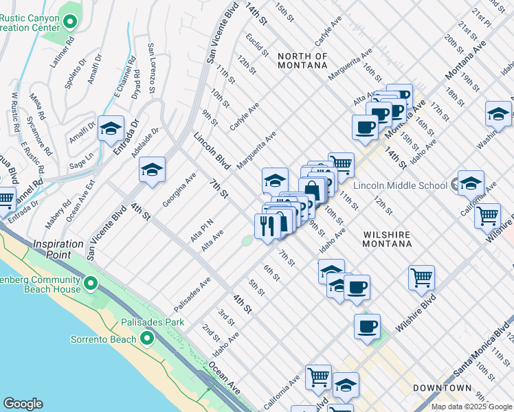 map of restaurants, bars, coffee shops, grocery stores, and more near 608 Lincoln Boulevard in Santa Monica