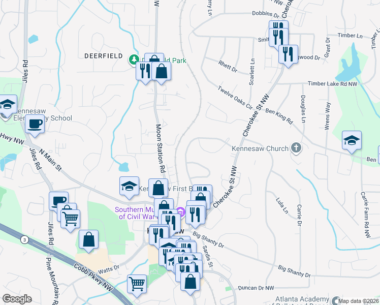 map of restaurants, bars, coffee shops, grocery stores, and more near 3104 Shirley Drive in Kennesaw