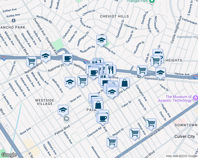 map of restaurants, bars, coffee shops, grocery stores, and more near 3309 Motor Avenue in Los Angeles
