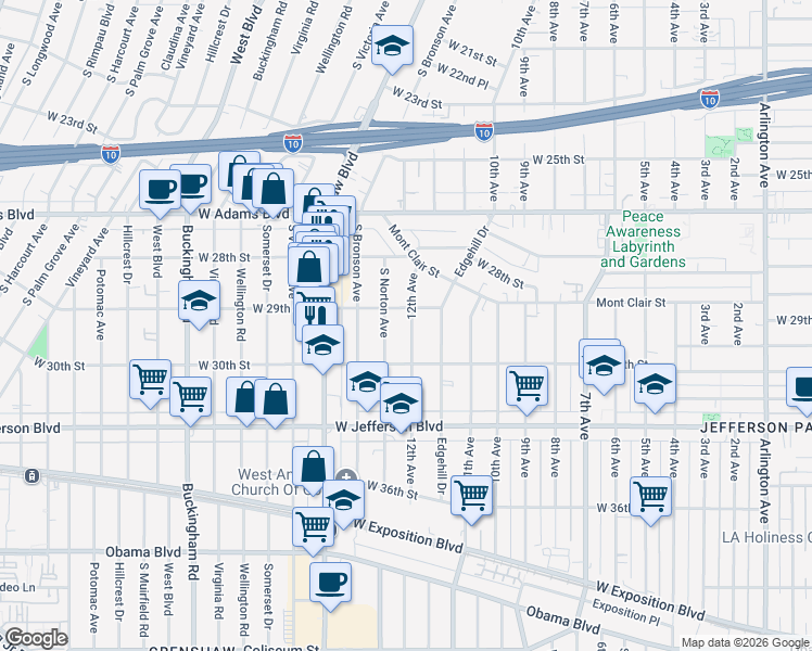 map of restaurants, bars, coffee shops, grocery stores, and more near 2917 12th Avenue in Los Angeles