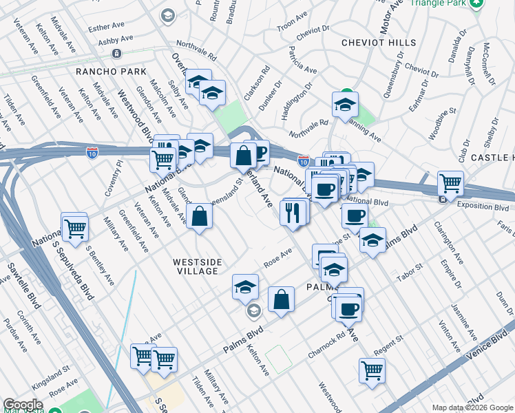 map of restaurants, bars, coffee shops, grocery stores, and more near 3201 Overland Avenue in Los Angeles