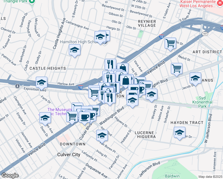 map of restaurants, bars, coffee shops, grocery stores, and more near 3384 South Robertson Boulevard in Los Angeles