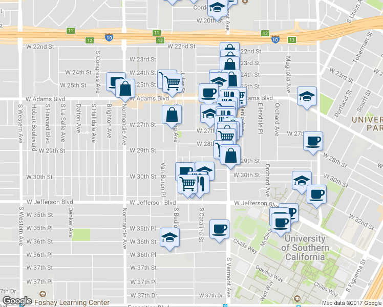 map of restaurants, bars, coffee shops, grocery stores, and more near 1497 West 29th Street in Los Angeles