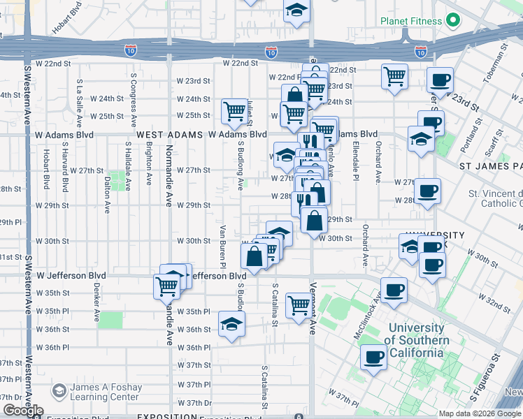 map of restaurants, bars, coffee shops, grocery stores, and more near 1497 West 29th Street in Los Angeles