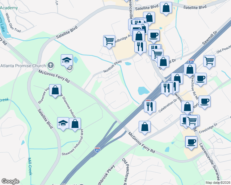 map of restaurants, bars, coffee shops, grocery stores, and more near 538 Summerbrooke Court in Suwanee