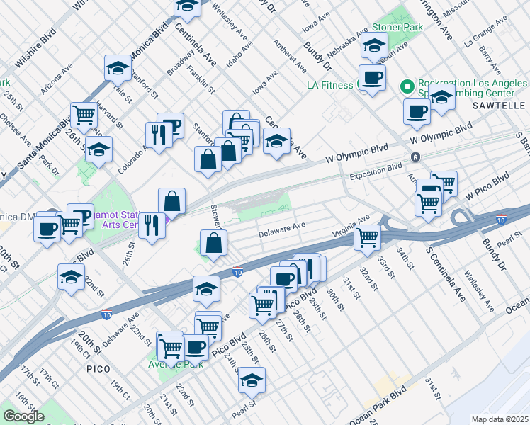map of restaurants, bars, coffee shops, grocery stores, and more near 2909 Exposition Boulevard in Santa Monica