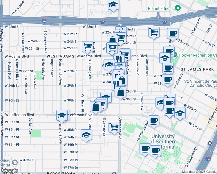 map of restaurants, bars, coffee shops, grocery stores, and more near 1453 West 29th Street in Los Angeles