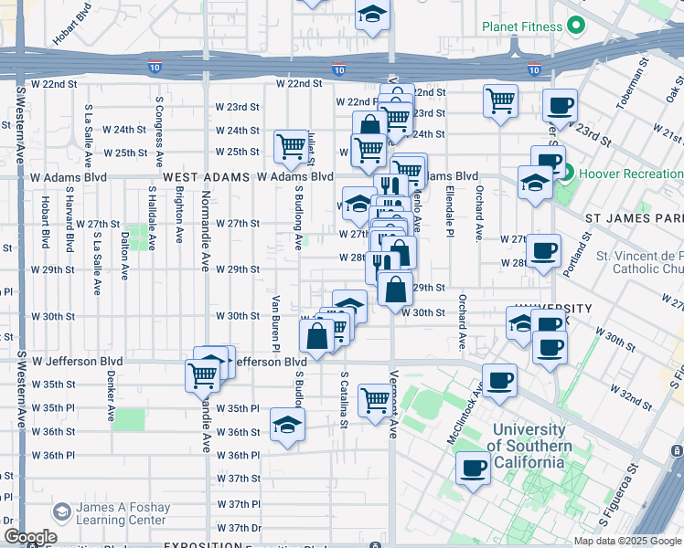 map of restaurants, bars, coffee shops, grocery stores, and more near 1495 West 29th Street in Los Angeles