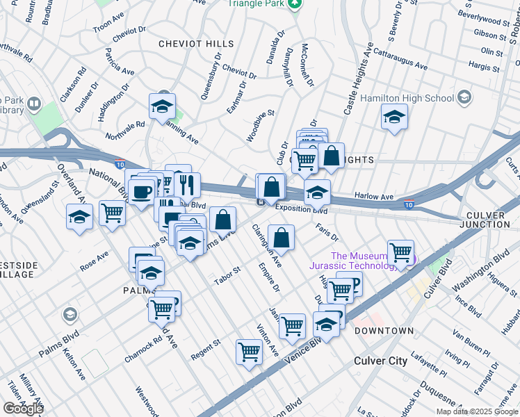 map of restaurants, bars, coffee shops, grocery stores, and more near 10020 National Boulevard in Los Angeles