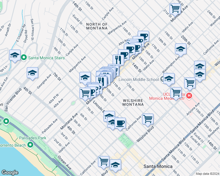 map of restaurants, bars, coffee shops, grocery stores, and more near 815 10th Street in Santa Monica