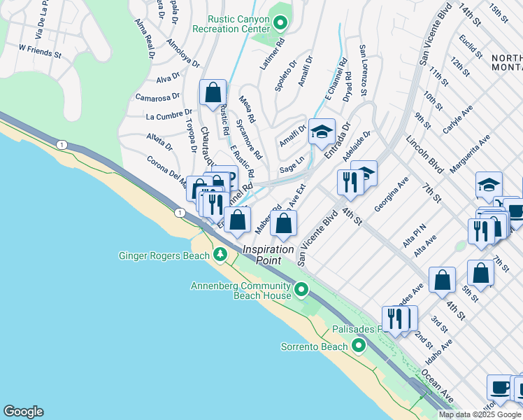 map of restaurants, bars, coffee shops, grocery stores, and more near 234 Entrada Drive in Santa Monica
