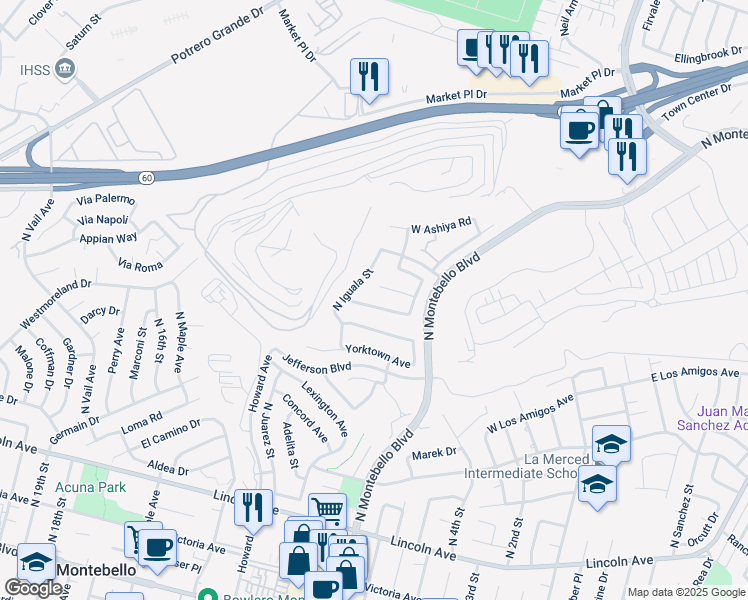 map of restaurants, bars, coffee shops, grocery stores, and more near 834 West Suffolk Avenue in Montebello