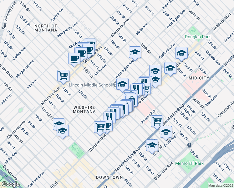 map of restaurants, bars, coffee shops, grocery stores, and more near 1501 California Avenue in Santa Monica