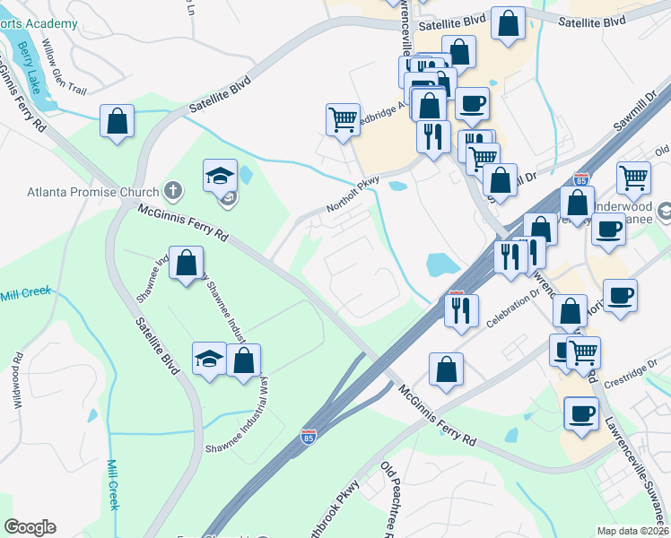 map of restaurants, bars, coffee shops, grocery stores, and more near 599 Summerbrooke Court in Suwanee