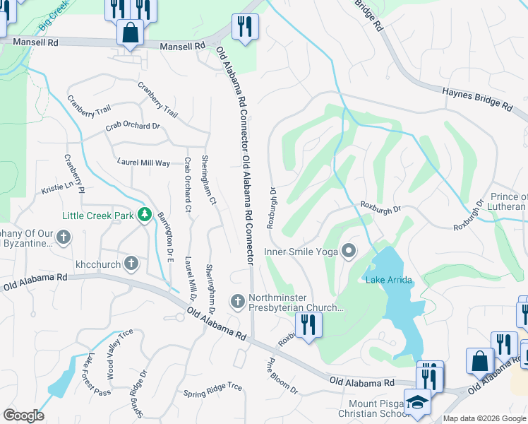 map of restaurants, bars, coffee shops, grocery stores, and more near 2405 Roxburgh Dr in Roswell