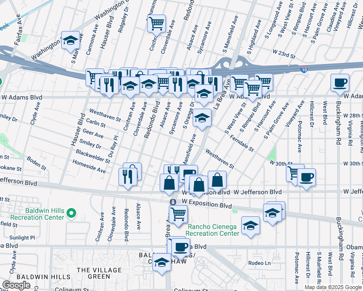 map of restaurants, bars, coffee shops, grocery stores, and more near 2810 South Orange Drive in Los Angeles