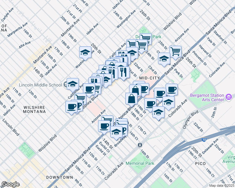 map of restaurants, bars, coffee shops, grocery stores, and more near 1253 18th Street in Santa Monica