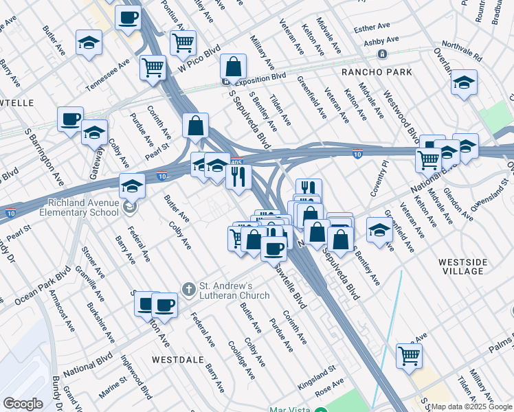 map of restaurants, bars, coffee shops, grocery stores, and more near 11277 West Sardis Avenue in Los Angeles