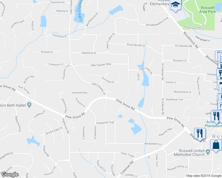 map of restaurants, bars, coffee shops, grocery stores, and more near 1025 Carmichle Court in Roswell