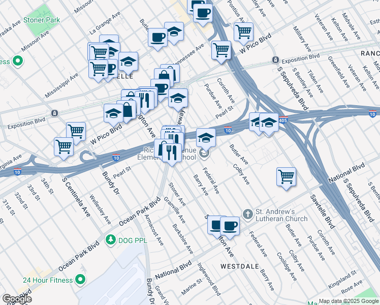map of restaurants, bars, coffee shops, grocery stores, and more near 2537 Federal Avenue in Los Angeles