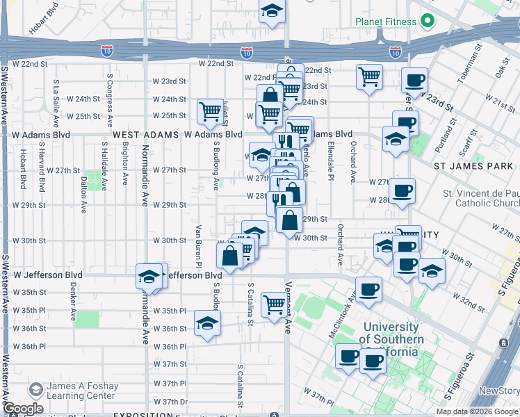 map of restaurants, bars, coffee shops, grocery stores, and more near 1453 West 29th Street in Los Angeles