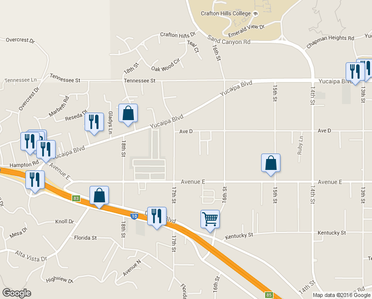 map of restaurants, bars, coffee shops, grocery stores, and more near 12373 17th Street in Yucaipa