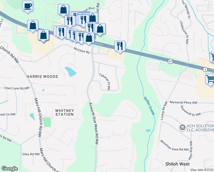 map of restaurants, bars, coffee shops, grocery stores, and more near 3125 Calumet Place Northwest in Kennesaw