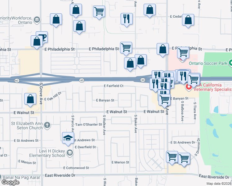 map of restaurants, bars, coffee shops, grocery stores, and more near 2436 South Pinehurst Place in Ontario