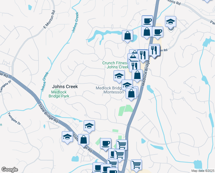 map of restaurants, bars, coffee shops, grocery stores, and more near 5205 Cottage Farm Road in Alpharetta
