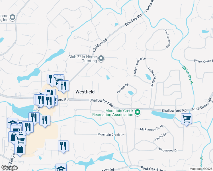map of restaurants, bars, coffee shops, grocery stores, and more near 4645 Shallowford Road in Roswell