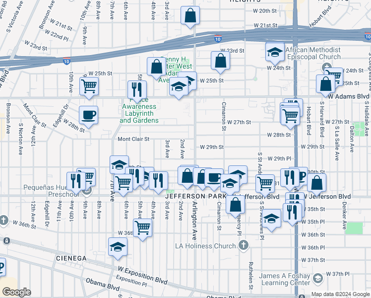 map of restaurants, bars, coffee shops, grocery stores, and more near 2900 2nd Avenue in Los Angeles