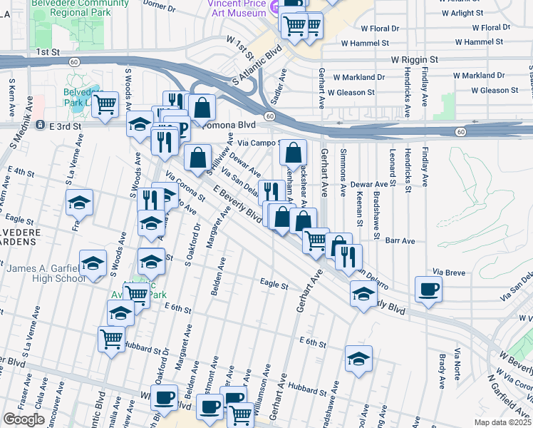 map of restaurants, bars, coffee shops, grocery stores, and more near 5465 East Beverly Boulevard in East Los Angeles