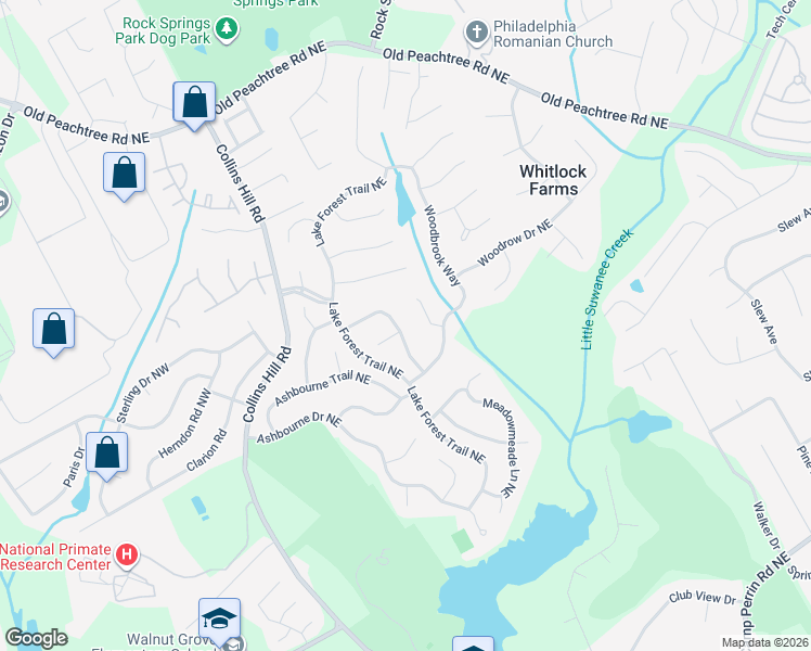 map of restaurants, bars, coffee shops, grocery stores, and more near 2617 Forest Meadow Lane in Lawrenceville