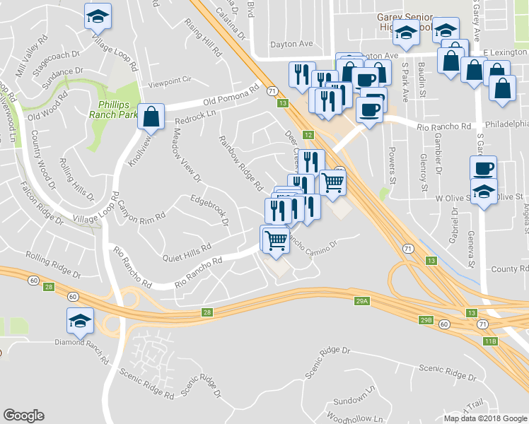 map of restaurants, bars, coffee shops, grocery stores, and more near 19 Black Oak Drive in Pomona