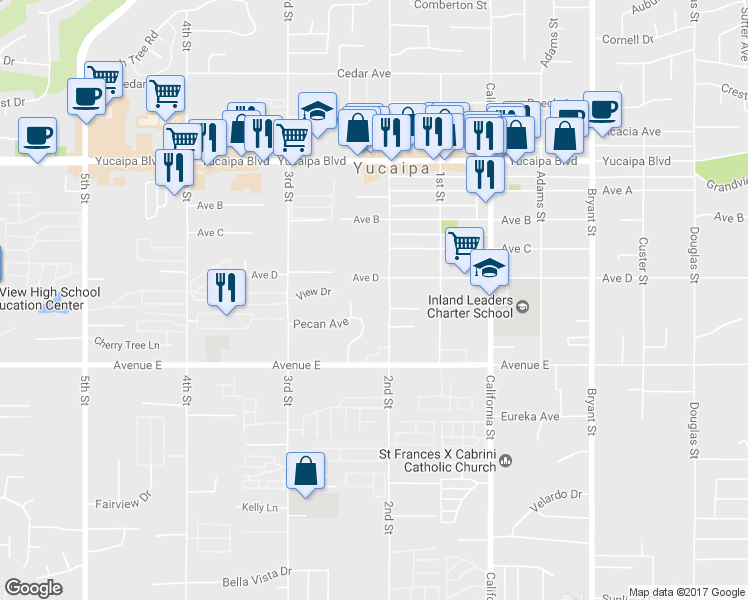 map of restaurants, bars, coffee shops, grocery stores, and more near 12374 2nd Street in Yucaipa
